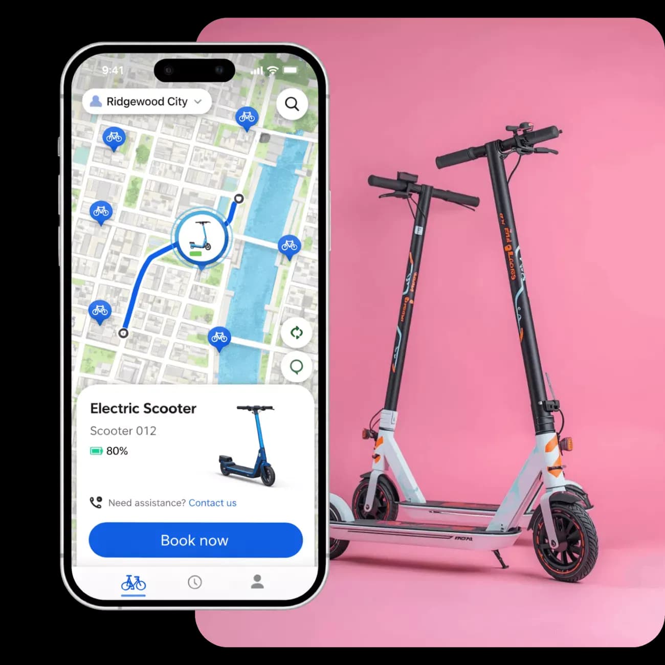 Scooter on pink background and phone image