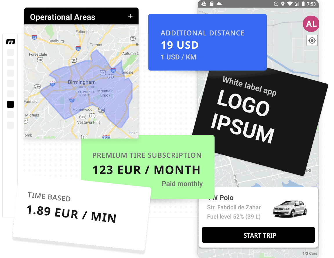 Illustration showcasing custom mobile app for micromobility and pricing model customizations