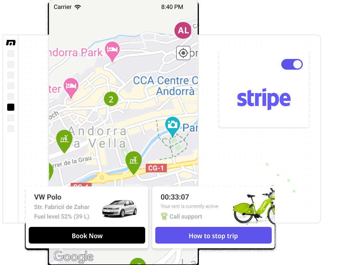 Illustration showcasing mobile app for micromobility with multiple asset types