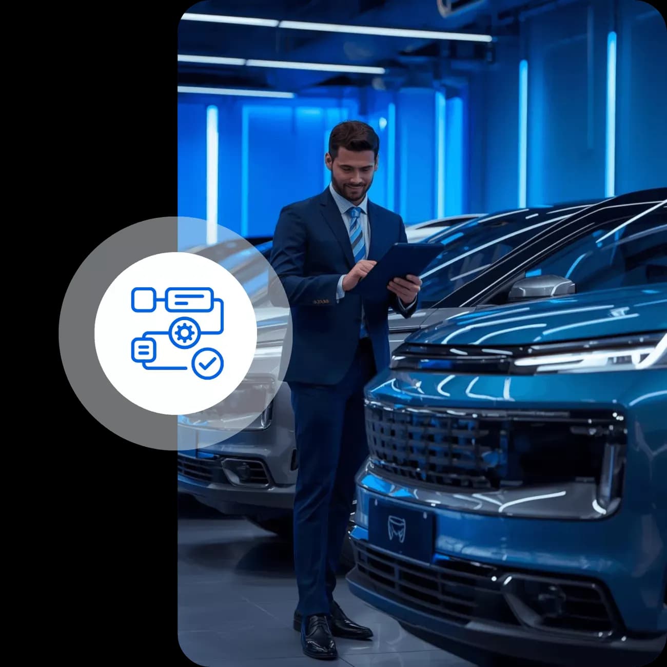 Image of man in front of blue car with icon