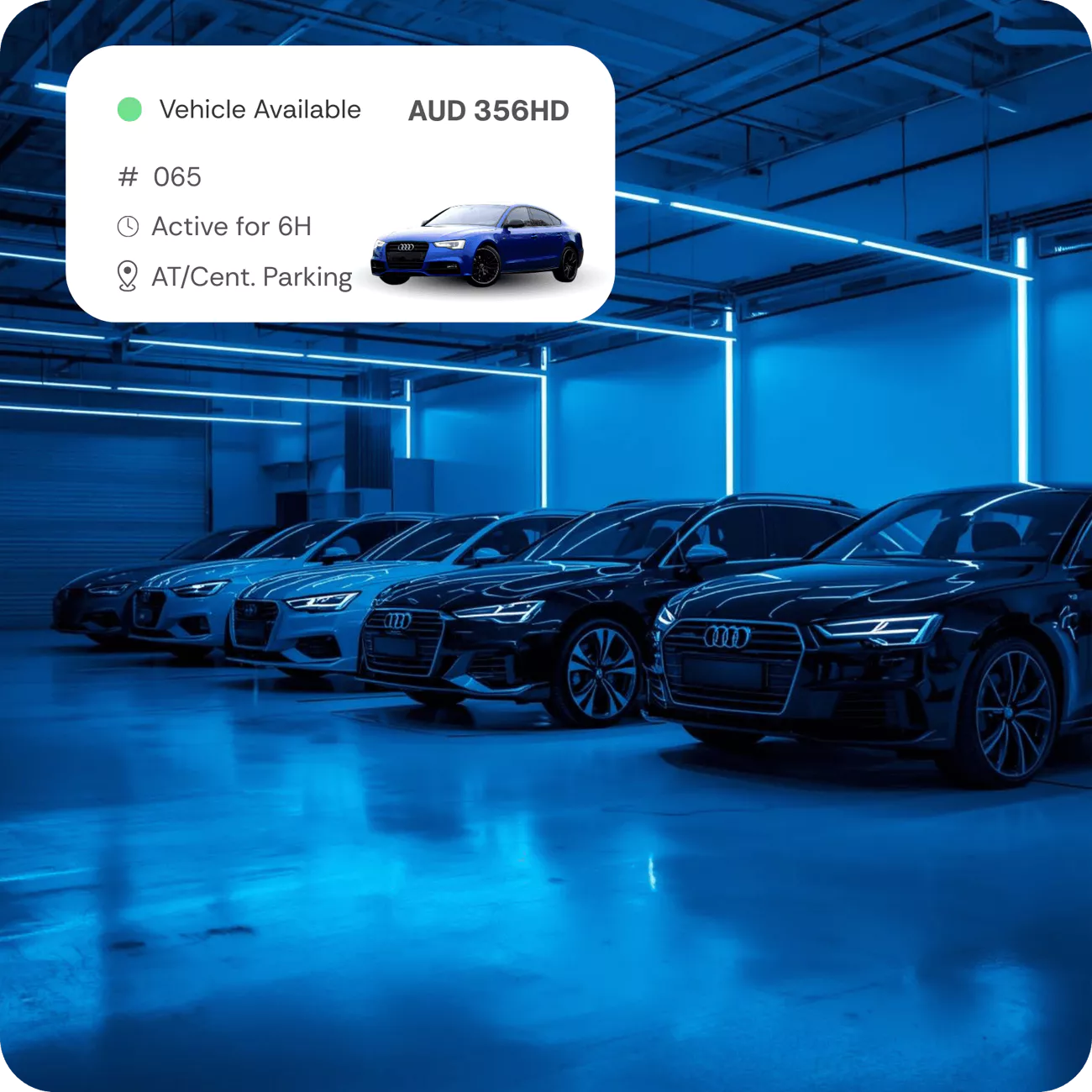 Image of 5 cars in garage representing corporate mobility hero image