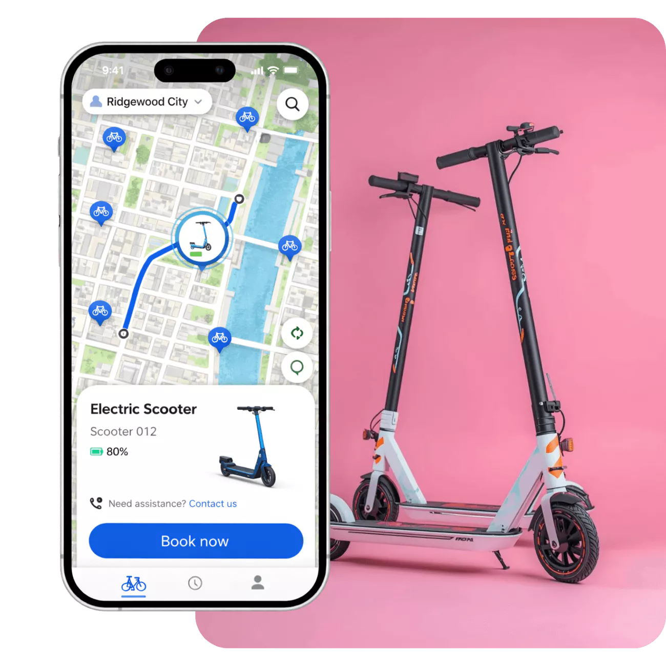 Scooter on pink background and phone image